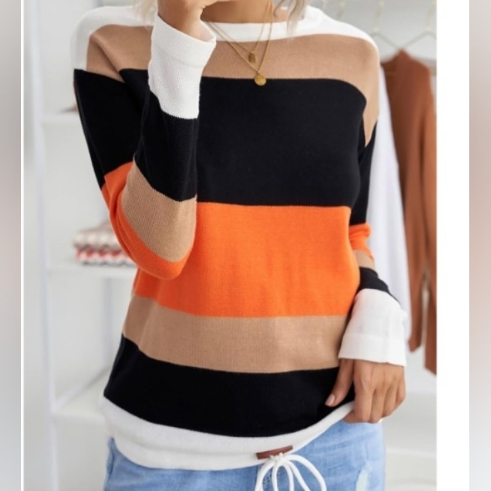 Dokotoo Striped Fall Winter  2025 Crewneck Drawstring Color Block Sweater Size M